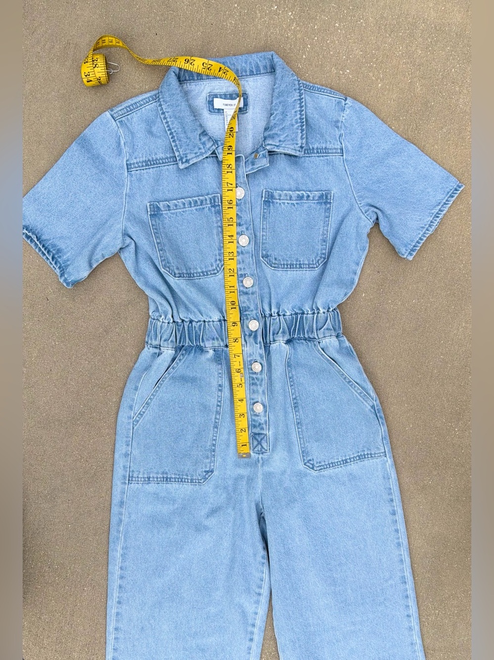 Forever 21 Light Blue Wide-Leg Button Front Short Sleeve Denim Jumpsuit Y2K XS - Picture 8 of 14